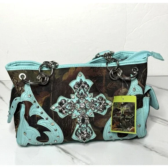 Heritage West Blue Green Camouflage Rhinestone Cross Western Double Strap Purse - Picture 7 of 13
